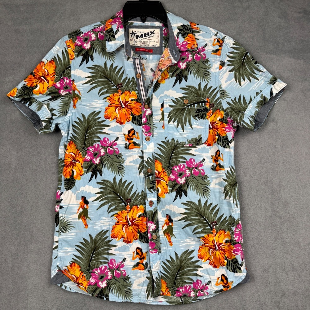 MBX Denim Wear Mens Small Hawaiian Shirt Hula Girl Hibiscus Tropical Blue